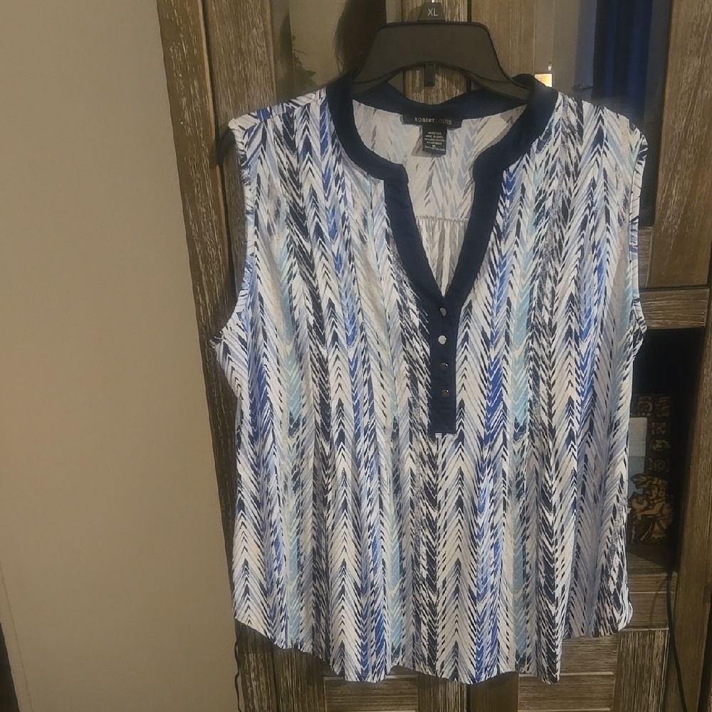 Blue and White Relaxed Blouse with Mandarin Collar
